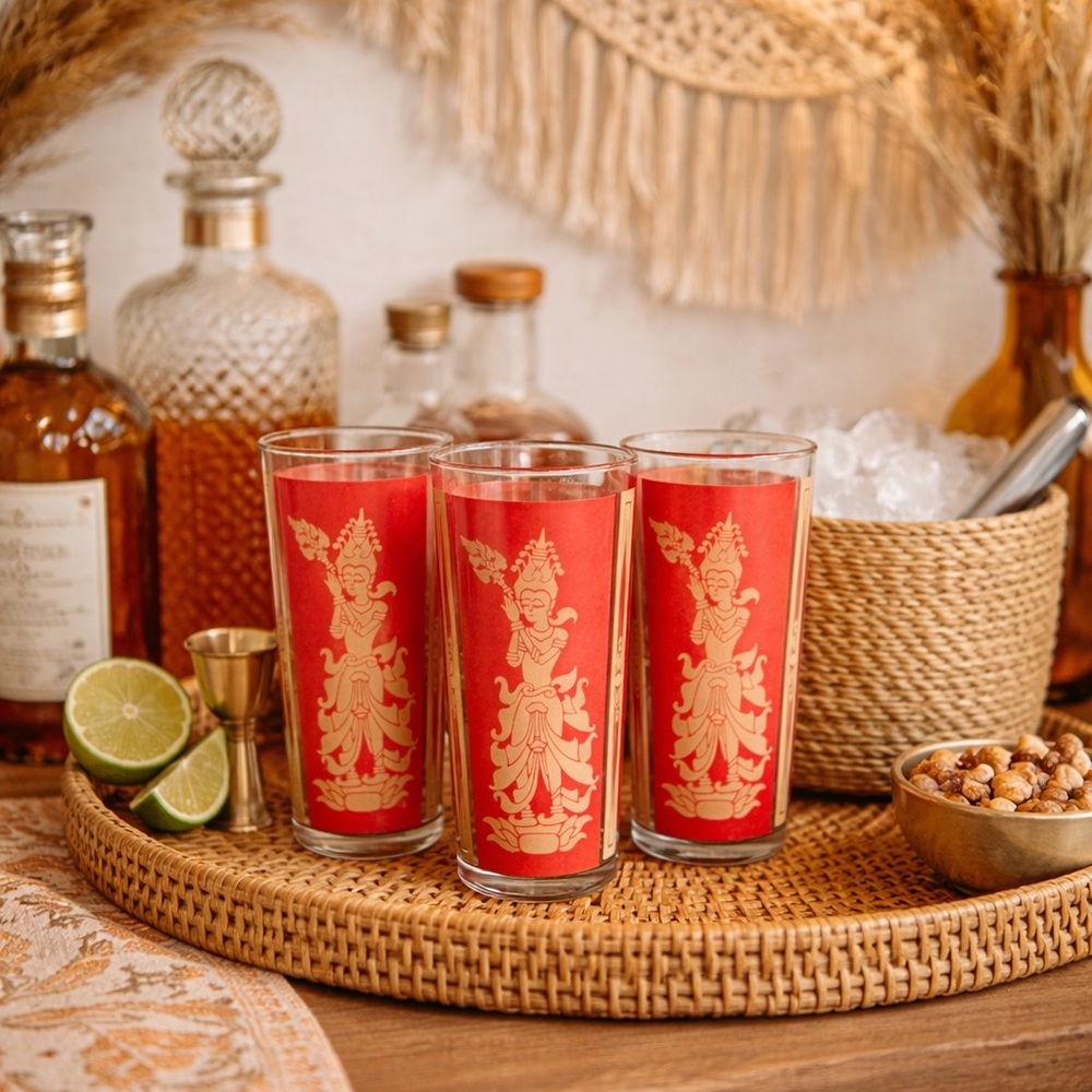 Set of 3 Culver Vintage MCM Thailand highball Goddess Set Of 3 Glassware